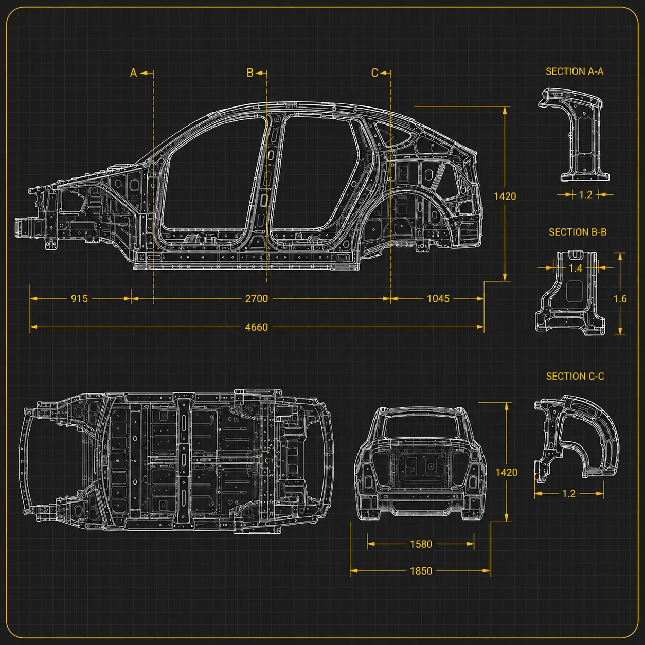 Annotated vehicle frame highlighting Auto-N-Spect inspection points: A-pillars, roof structure, rocker panels, door posts, frame rails, and more